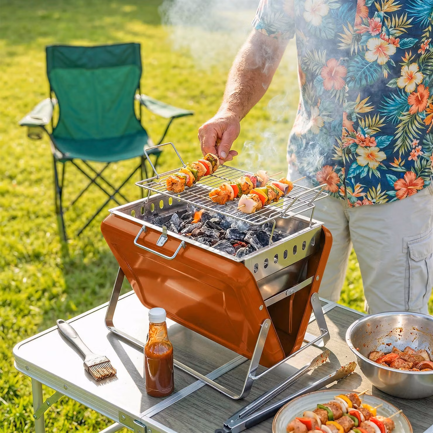 Outsunny Orange Portable Charcoal BBQ Grill with Tilting Grate and Stainless Steel Tabletop – 2