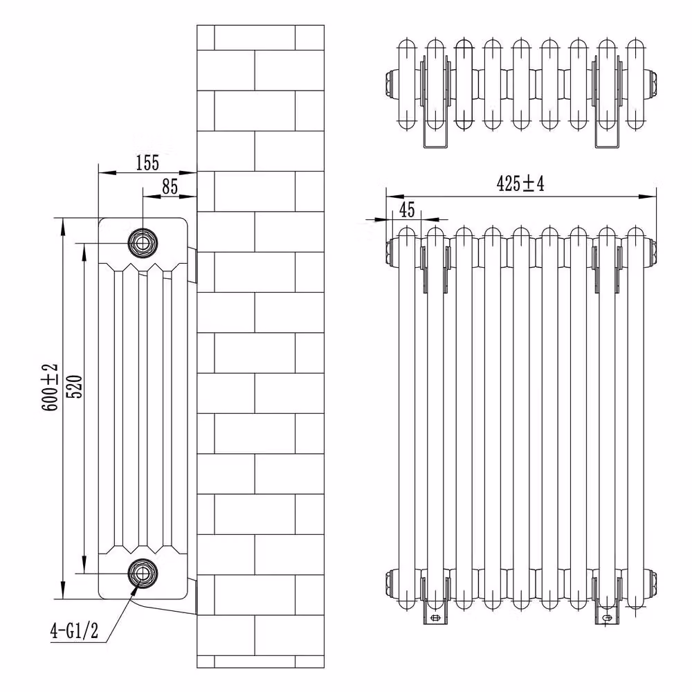 Monstershop Traditional 4 Column Steel Radiator, Black, W: 60.0 cm, H: 42.5 cm – 4