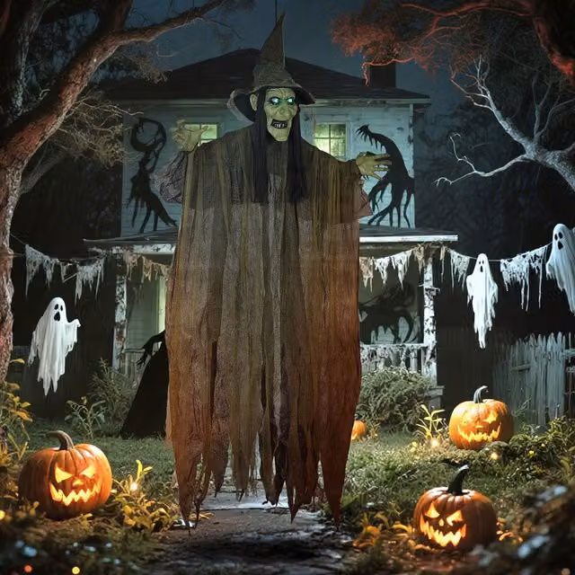 OUTSUNNY Voice Activated Hanging Witch Halloween Animatronic, Green – 1