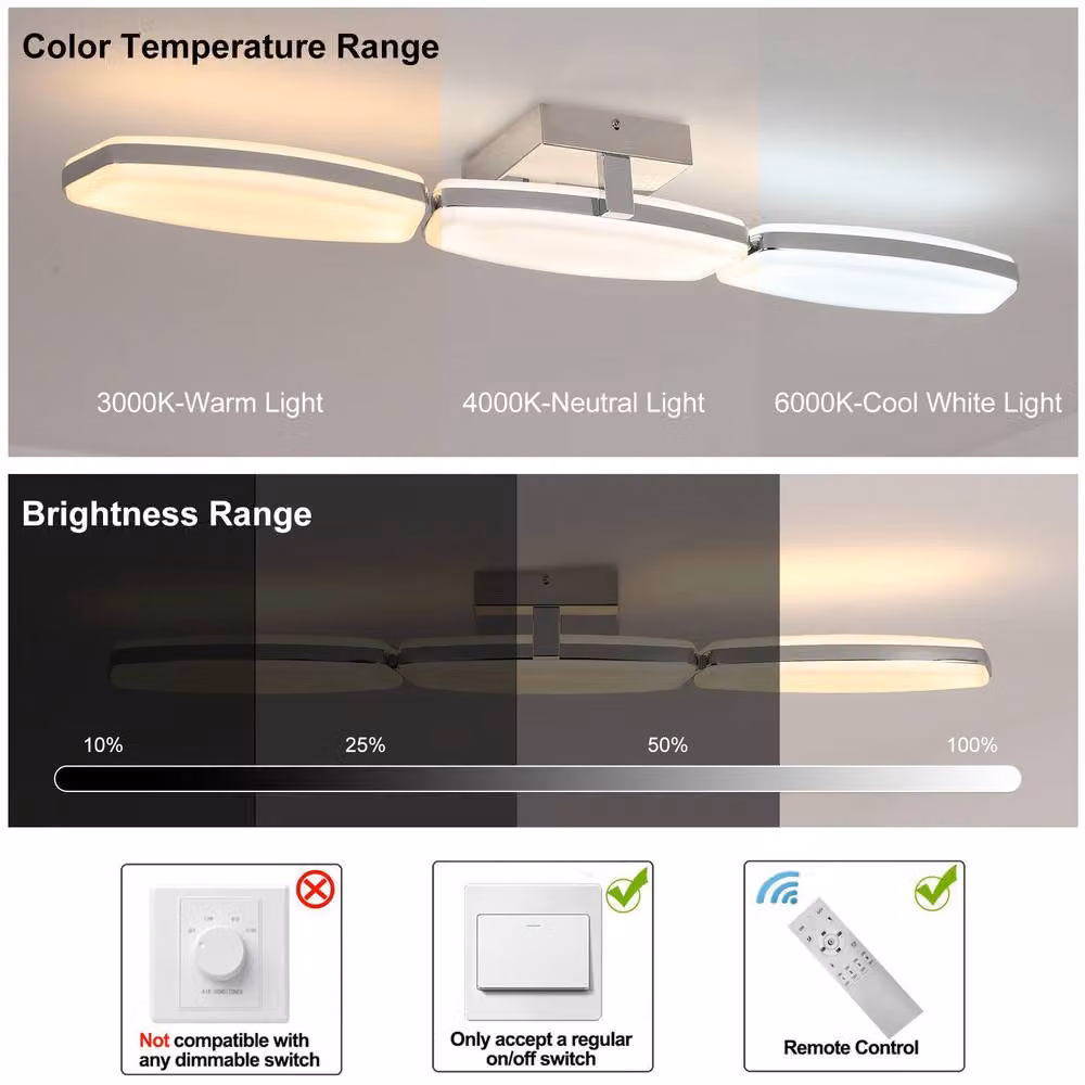 NIVOR Modern 23W LED Ceiling Light in Chrome and Silver with Remote Control and Dimmable Function – 3