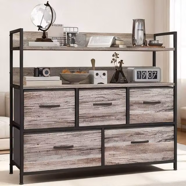 ERGOVEXA Rustic Chest of Five Fabric Drawers in Grey Wood Effect – 1
