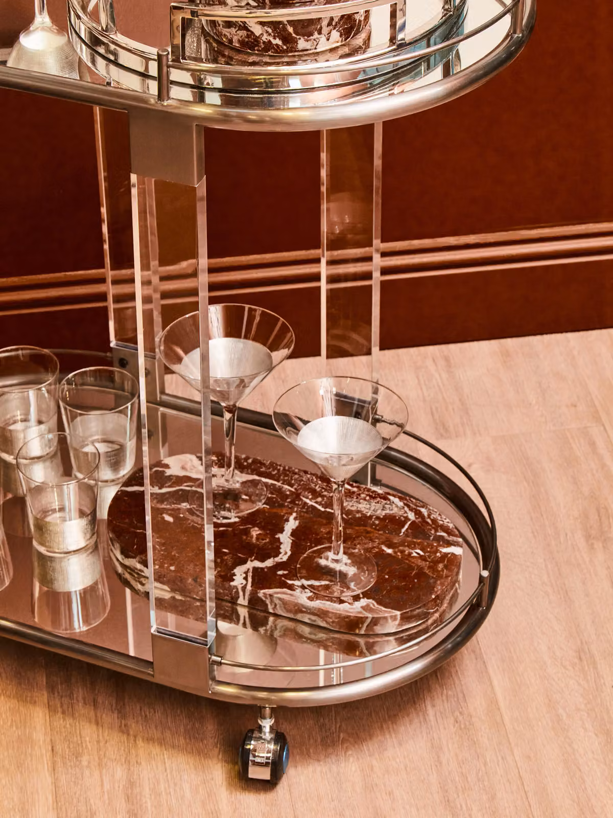 Orsina Mid-Century Two-Tier Drinks Trolley with Gold Metal Frame and Glass Shelves in Black and White – 2