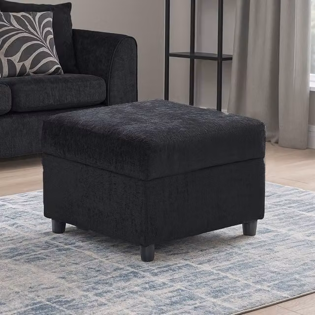 Furnishings For Less UK Zina Soft Chenille Fabric Footstool in Black, W/D/H: 55 x 42 x 42 cm