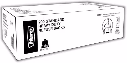 Hero Heavy Duty Recycled Black Bin Liners, 70L Capacity