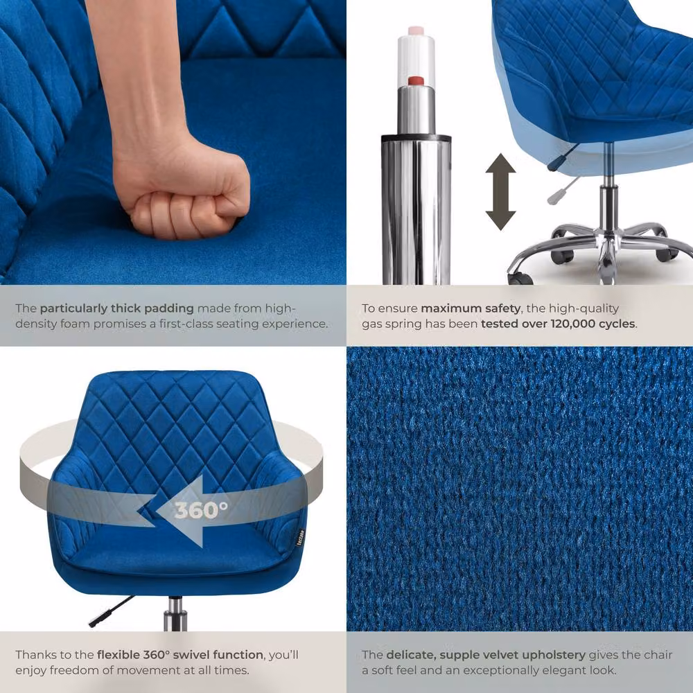 TECTAKE Nancy Modern Blue Velvet Upholstered Swivel Task Chair with Armrests and Castors – 5