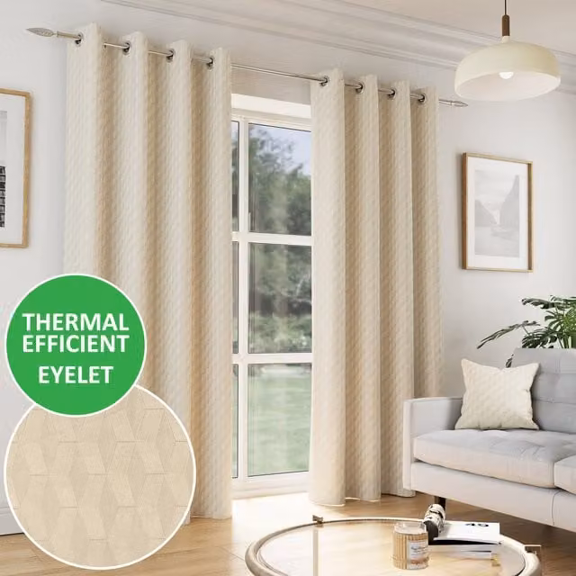 Enhanced Living Tokyo Velvet Embossed Thermal Darkening Eyelet Curtains, Beige/Yellow, Height: 183 cm