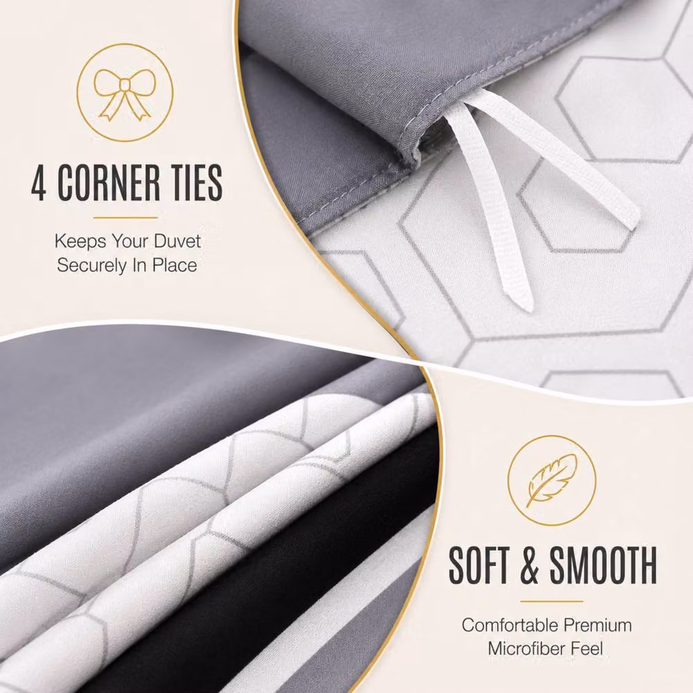 Pamposh Reversible Microfibre Duvet Cover Set with Graphic Design in Grey and Black, Single Size (90 x 200 cm) – 5