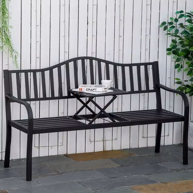 Outsunny Outdoor Bench with Liftable Middle Table and Matt Black Metal Patio Loveseat
