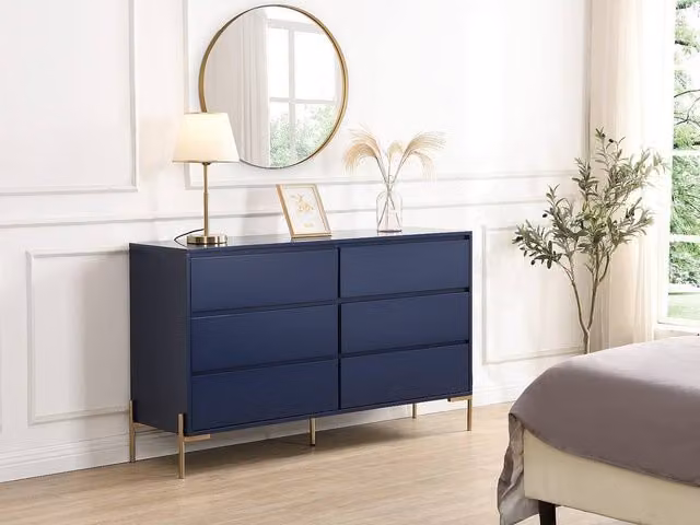 Vente-unique Korasa 6-Drawer Chest in Blue Lacquered MDF and Metal with Gold Details, H 82.5 x W 40.0 x D 55.0 cm
