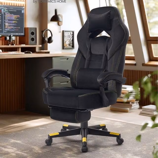 SONGMICS Ergonomic Black Velvet Fabric Gaming Chair with Headrest and Armrests