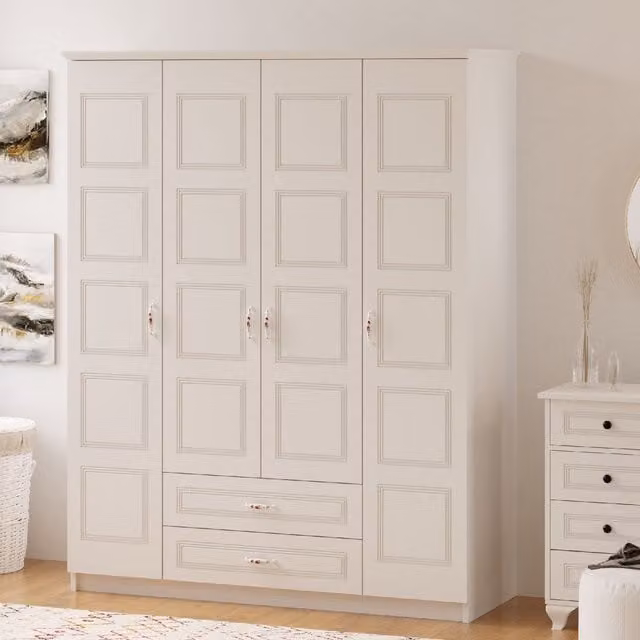 EVUHOME Classic White 4 Door 2 Drawer Wardrobe with Integrated Drawers H 184 cm x W 140 cm x D 52 cm