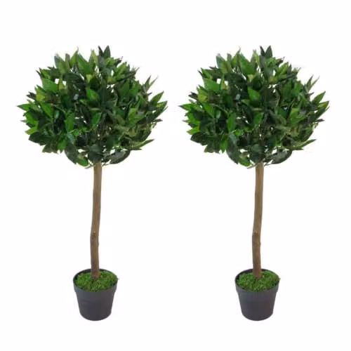 Leaf Design UK Pair of Artificial Green Bay Topiary Ball Trees, Height: 90 cm