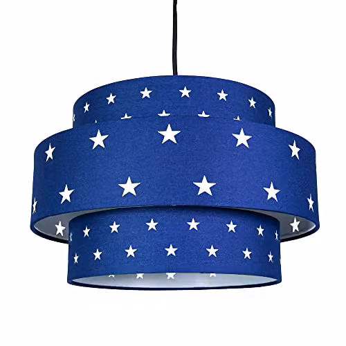 Happy Homewares Modern Triple Tier Blue Cotton Fabric Childrens Pendant Shade with Star Decoration, Diameter: 30 cm – 1