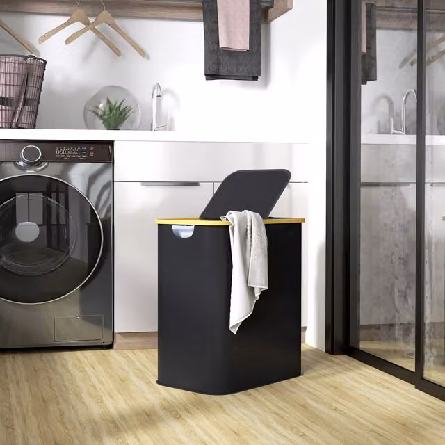 HOMCOM Collapsible 80L Laundry Hamper with Lid in Black – 1