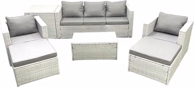 Fimous 7 Seater Rattan Garden Furniture Set in Light Grey with 3 Seater Sofa, 2 Chairs, Rectangular Coffee Table, 2 Footstools and Side Table