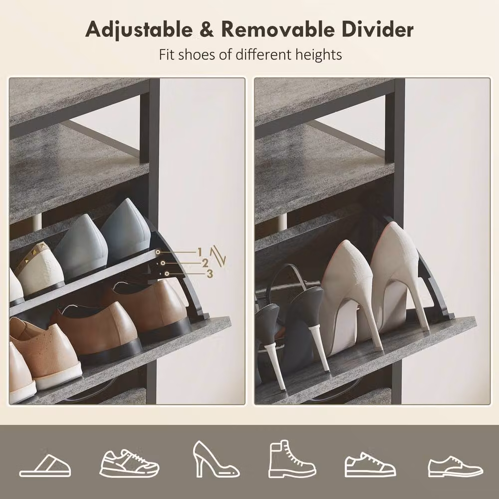 STILVORA Grey and Black Shoe Cabinet with 4 Tilting Compartments and Open Shelf – 4