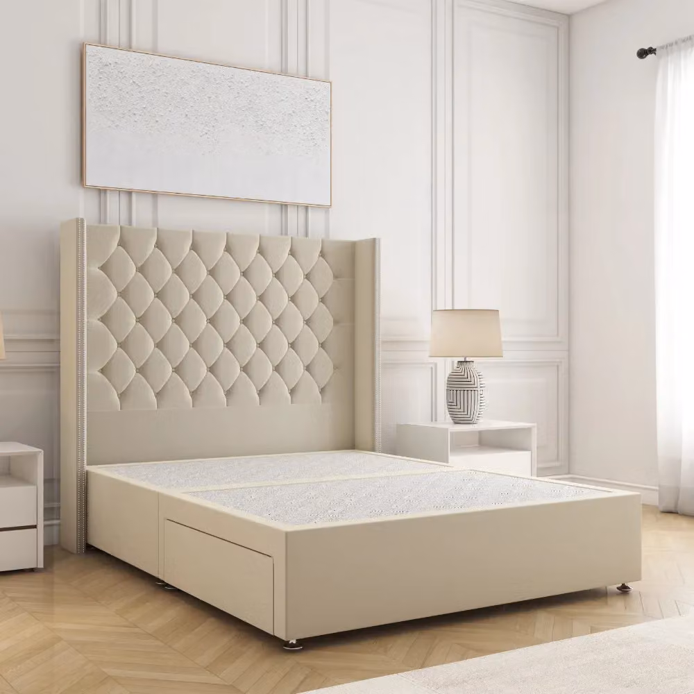 BSSPOKE Olivia Plush Divan Bed with 54 inch Headboard and 2 Drawers in Beige, Small Double, W/D/H: 120 x 200 x 30.48 cm