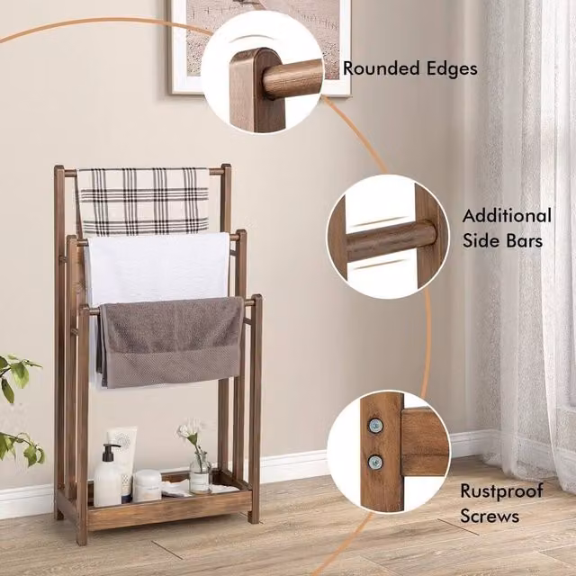 PAWNORA 3-Tier Free-Standing Wooden Towel Rack with 3 Bars in Brown – 1