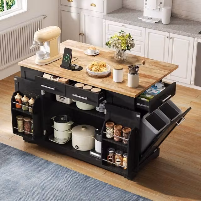 BTM Modern Kitchen Island with Foldable Top, Power Outlet and Integrated Trash Bin, Black and Multicolour Wood Finish, W/D/H: 138 x 92 x 56 cm
