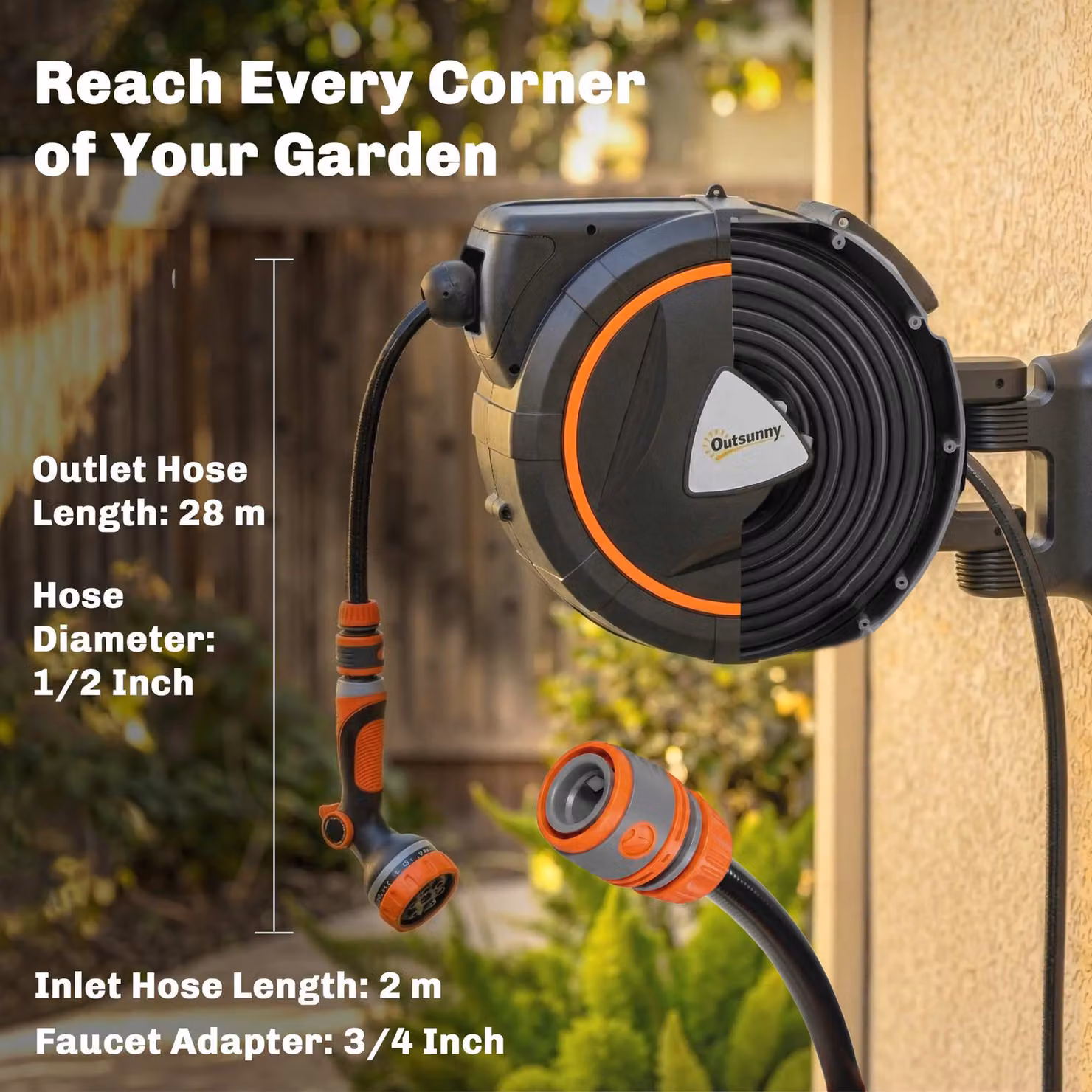 Outsunny Wall Mounted Retractable Hose Reel in Black with Auto Retraction and 12-Pattern Nozzle – 4