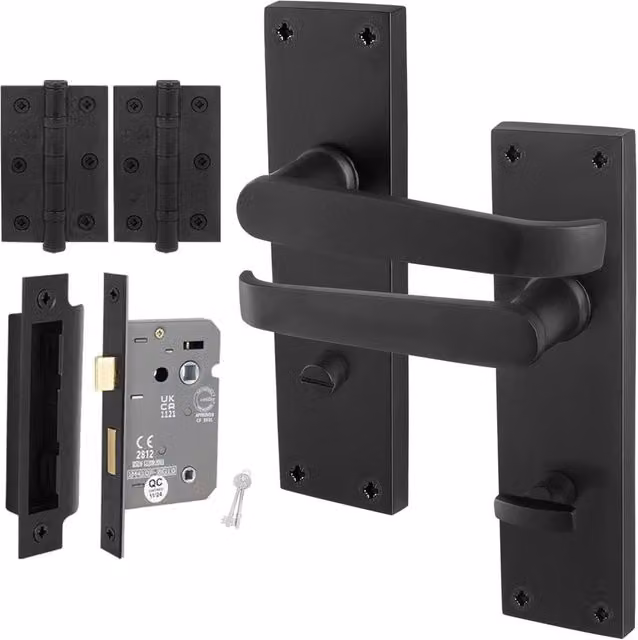 AFIT Matt Black Bathroom Door Handle Set with Backplate and Hinges, 1 Pair