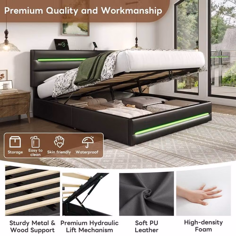 PAWNORA Black Synthetic Leather Double Ottoman Upholstered Bed Frame with Lift Up Base and Under Bed Lighting, W/D/H: 140 x 200 cm – 3