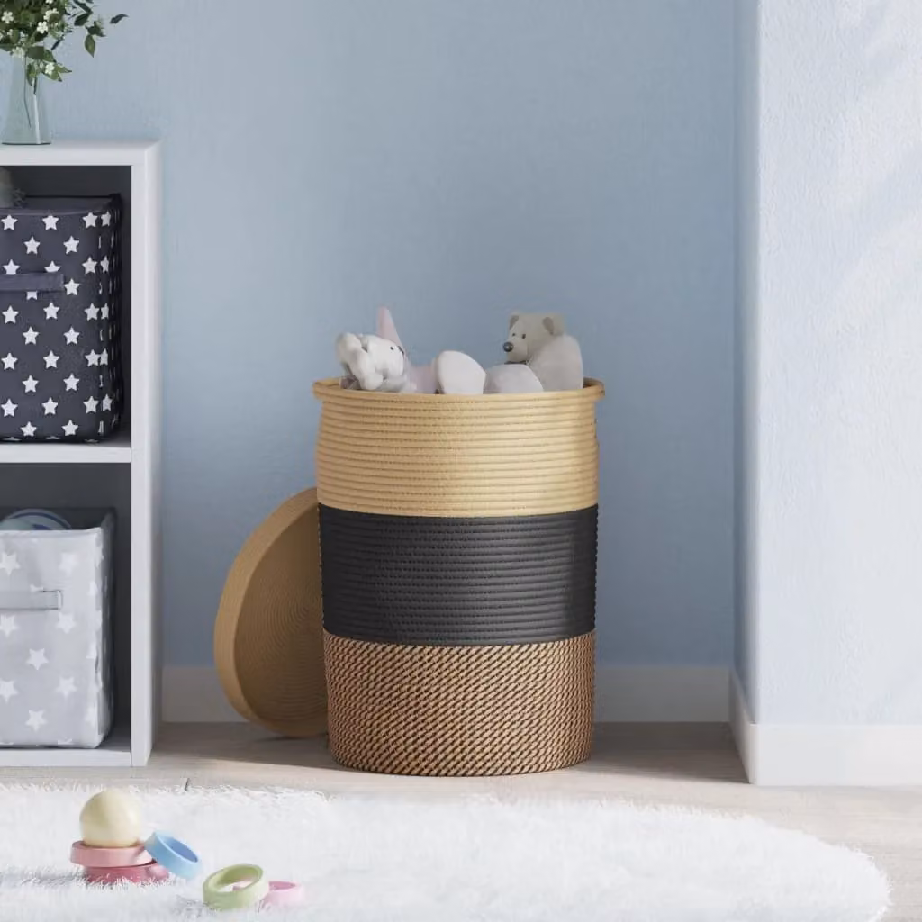 Berkfield Cotton Home Storage Basket with Lid and Handles in Black and Beige, W: 37 cm, H: 50 cm – 3