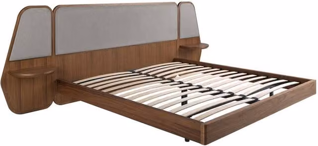 Angel Cerda Walnut Veneer Double Bed with Grey Fabric Headboard and Side Compartments, W/D/H: 180 x 200 cm – 1