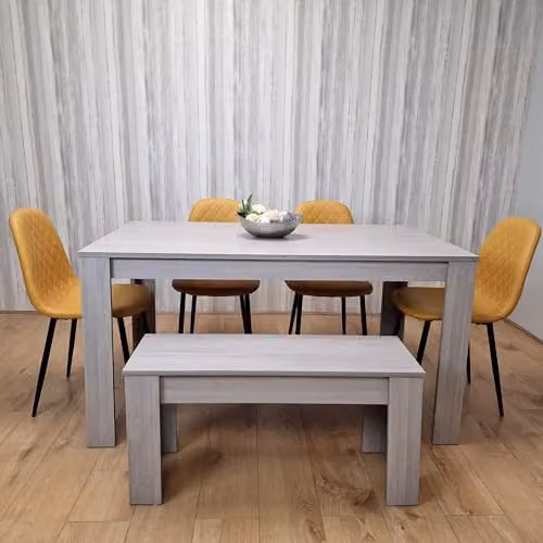 KOSY KOALA Grey Dining Table Set with 4 Yellow Diamond Stitched Chairs and 1 Bench, W/D/H: 140 x 80 x 75 cm
