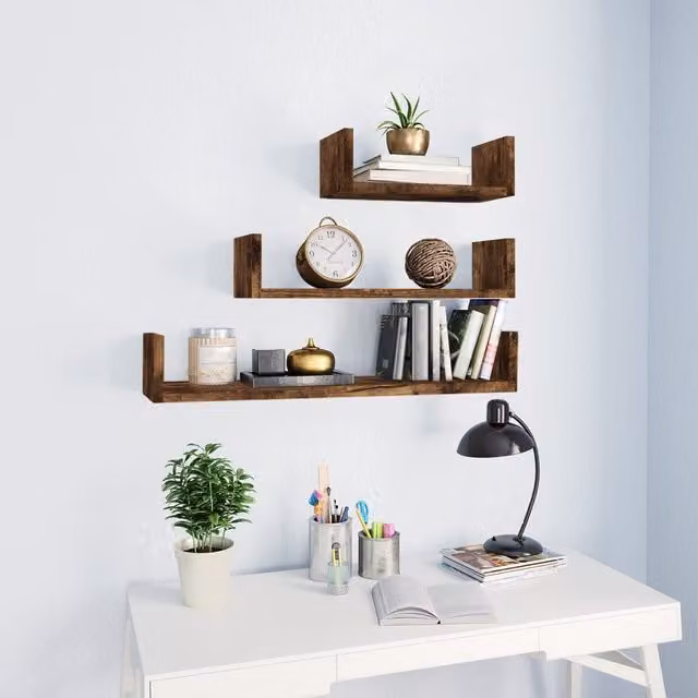 Berkfield Home Set of 3 Wall Mounted Display Shelves in Smoked Oak Brown