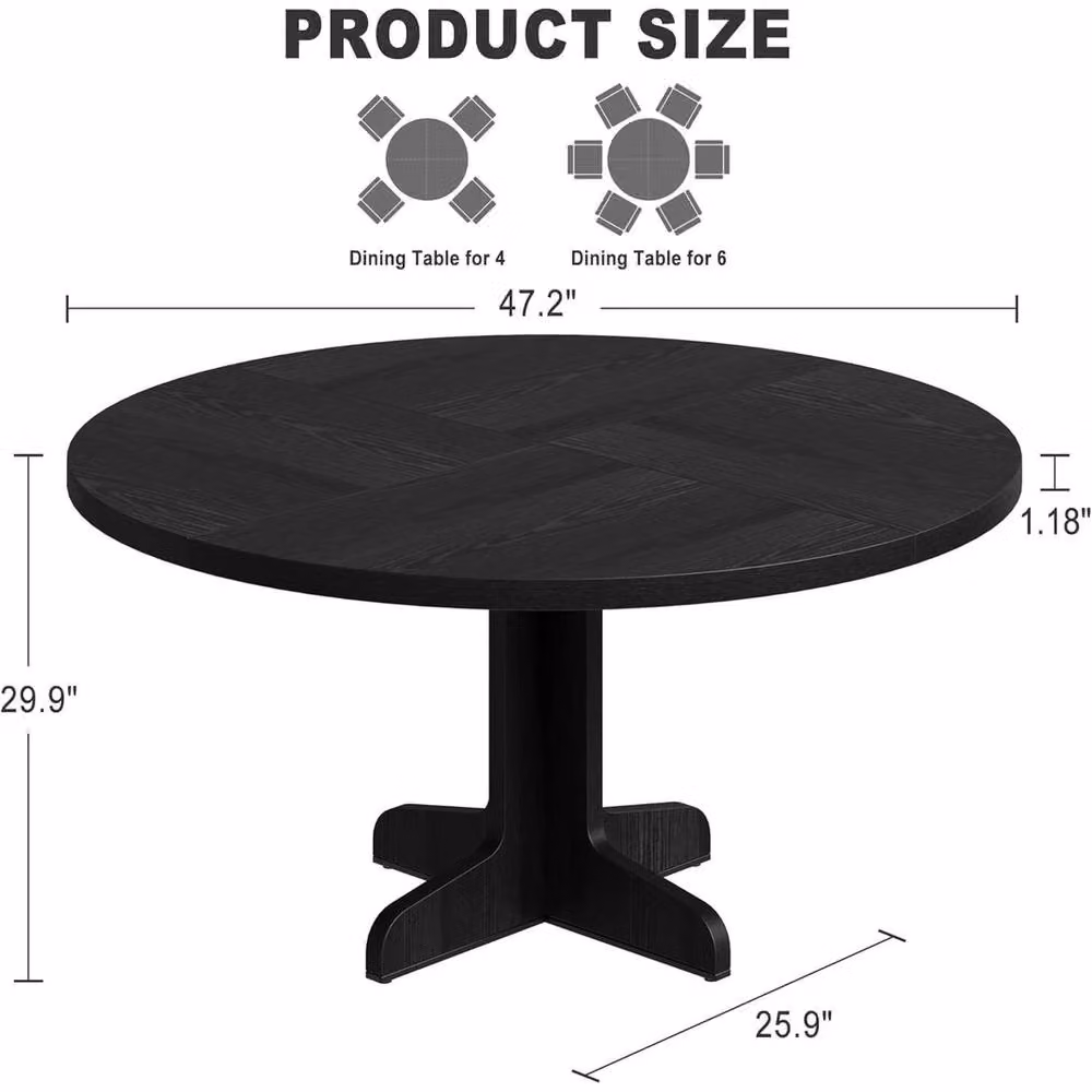 VOGREX Round Wood Dining Table in Black, Diameter: 119.38 cm, Height: 75.94 cm – 2