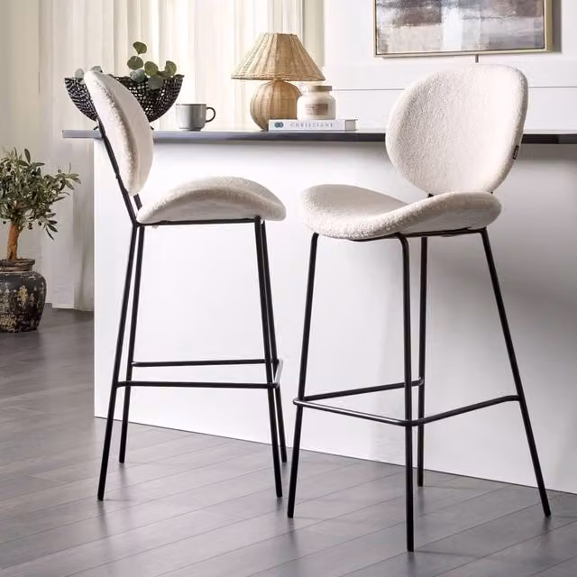 Wyld Haus Set of 2 White Boucle Armless Bar Chairs with Black Metal Legs – 1