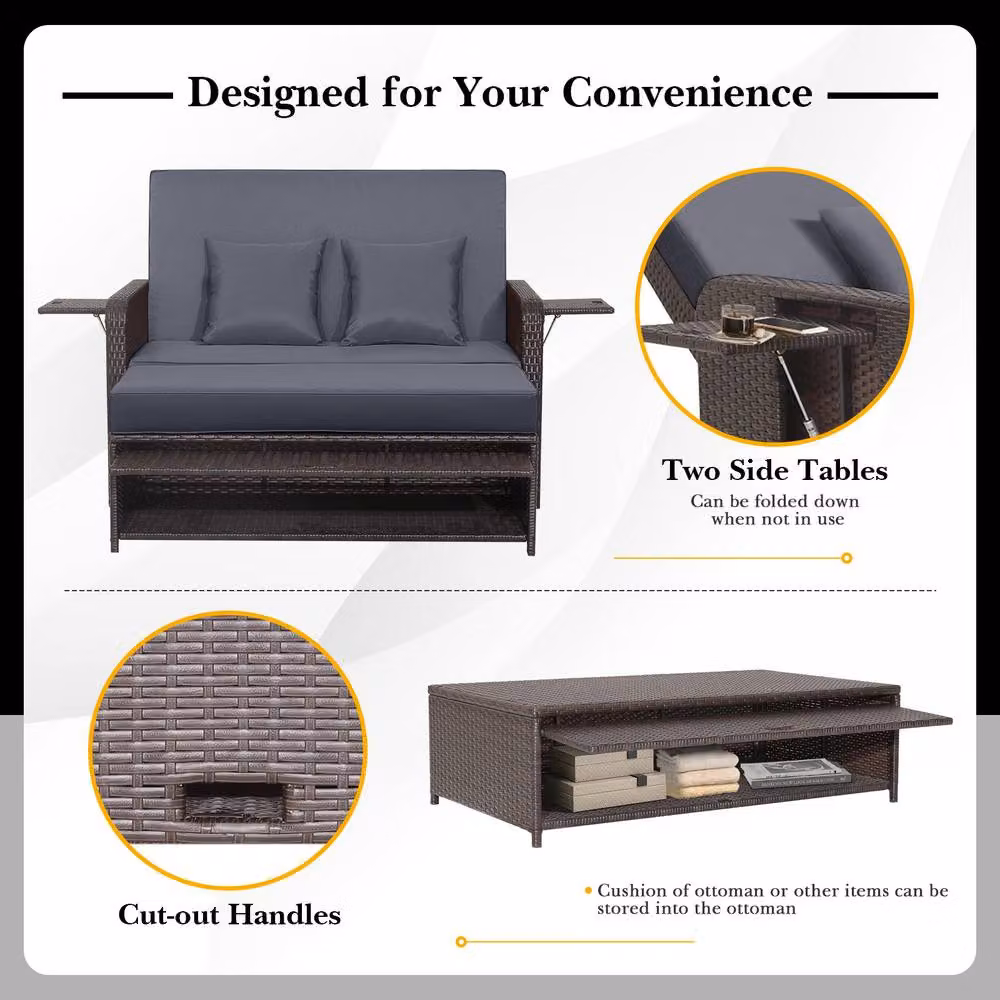 Costway Grey Polyrattan Patio Daybed Set with Loveseat Sofa, Ottoman and Side Tray – 9