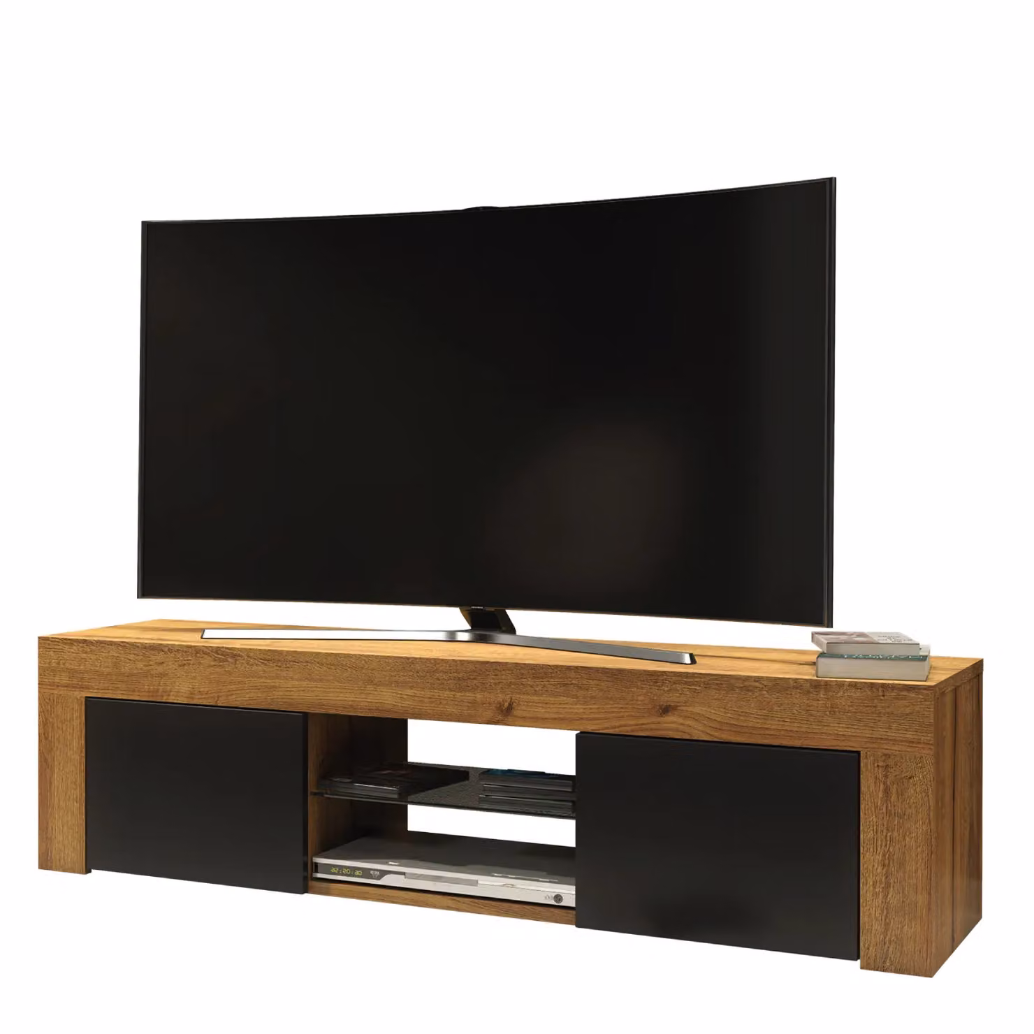 Creative Furniture Loom Modern TV Unit in Oak with Black Matt Doors, W: 130 cm, D: 35 cm, H: 35 cm – 3