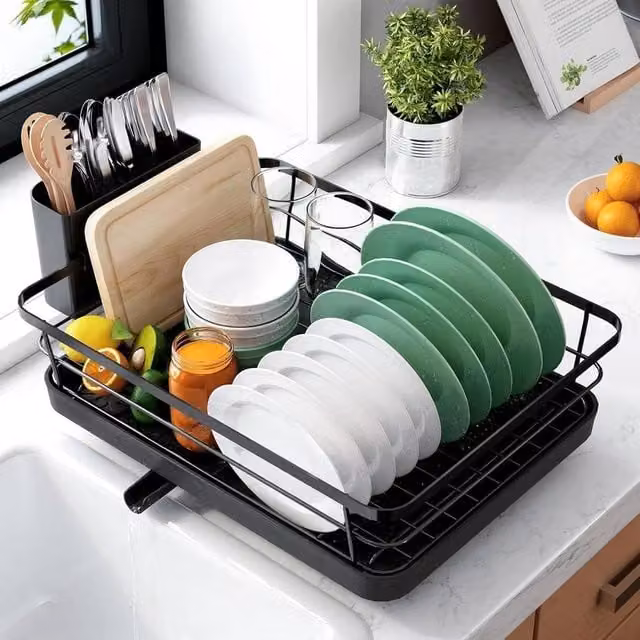 VOGREX Stainless Steel Dish Drainer Rack with Spout Holder, Black
