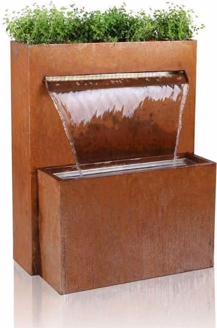 Primrose Langley Corten Steel Rectangular Planter and Blade Water Feature with LEDs in Brown