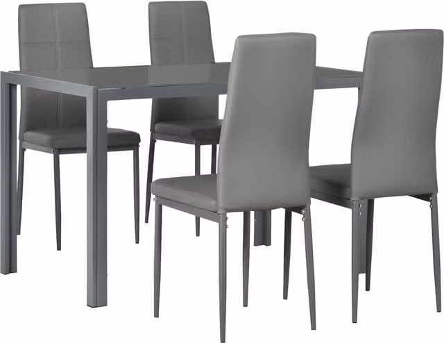 HOMCOM 5-Piece Modern Kitchen Dining Set with Rectangular Glass Tabletop and 4 Grey Faux Leather Metal Frame Chairs