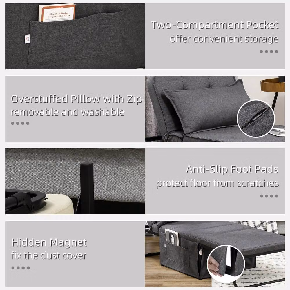STILVORA Modern Grey Fabric Sleeper Chair Bed with Adjustable Backrest and Ottoman – 8