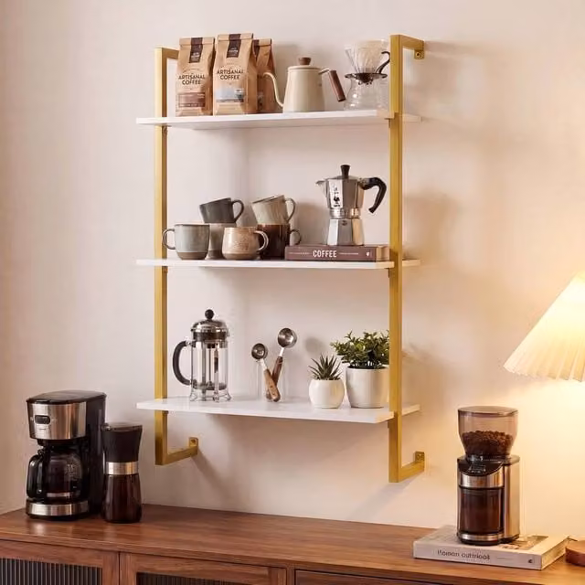 Gymax 3-Tier Wall Mounted Coffee Bar Shelf and Hanging Display Storage Rack in White – 1