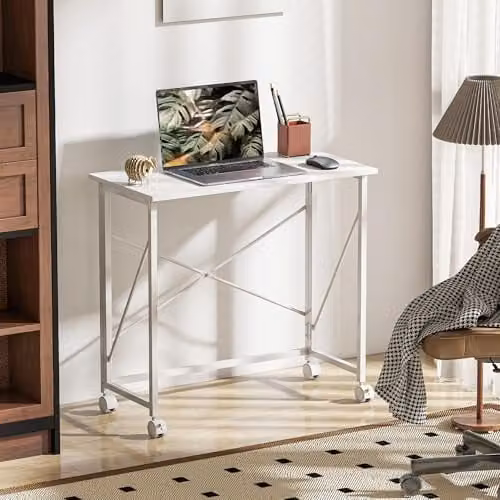HOMCOM Small Folding Computer Desk in White with Castors, W/D/H: 80 x 40 x 75 cm – 4