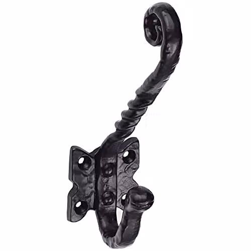 Loops Ornate Twisted Hat and Coat Hook on Butterfly Backplate, Black Antique, Projection: 8.2 cm