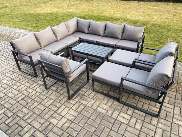 Fimous 14 Seater Aluminium Outdoor Garden Furniture Set in Dark Grey with U-Shape Sofa, Oblong Coffee Table, 3 Chairs and 2 Footstools
