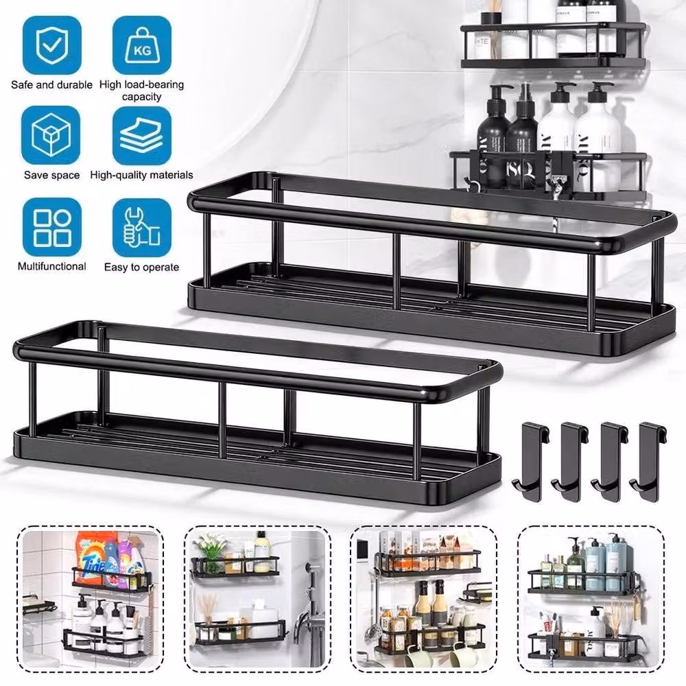 FORGEVIO 2 Piece Wall Mounted Metal Shower, Bathroom and Kitchen Storage Rack Caddy in Black, W: 180 cm, H: 180 cm – 5
