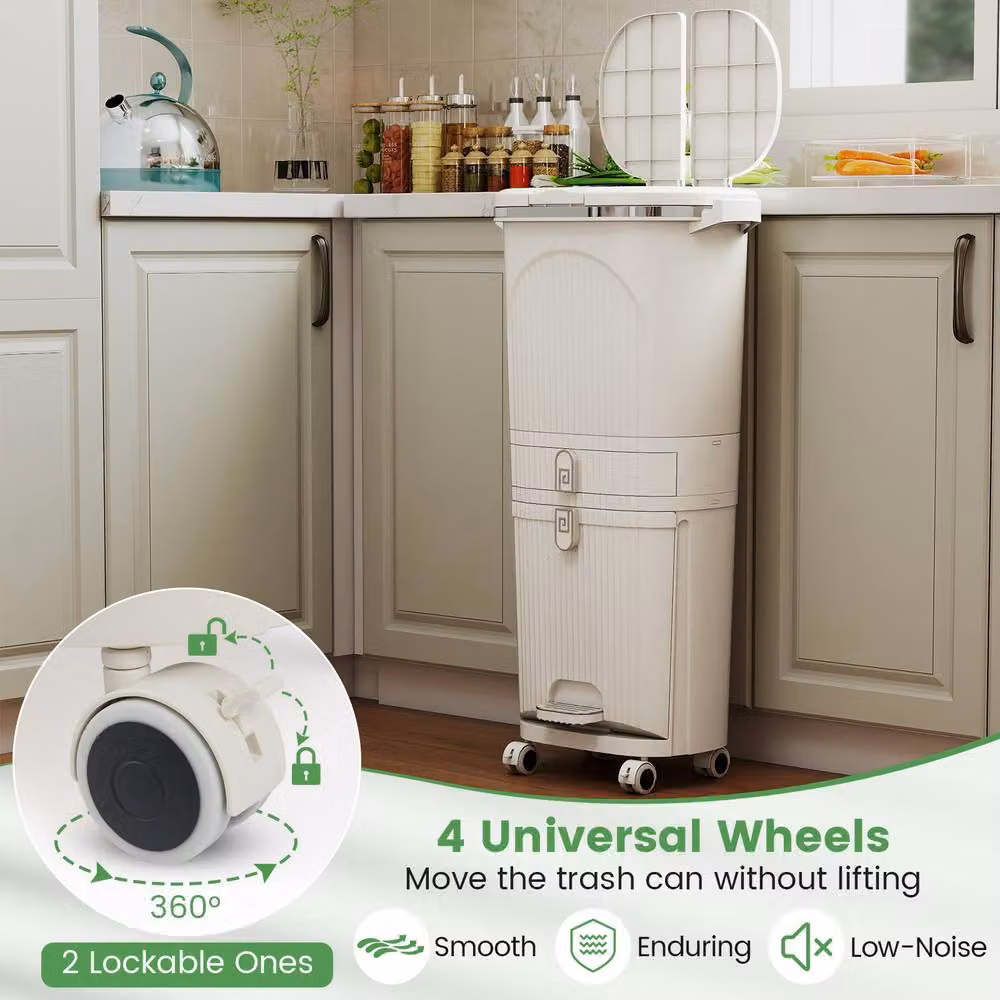Costway 42L 3-Layer Kitchen Trash Can with Lid and 2 Removable Buckets, Beige – 5
