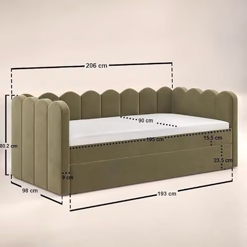 Flair Esme Cloud Day Bed with Trundle in Green Velvet and Boucle, W/D/H: 190 x 90 x 80.2 cm – 2