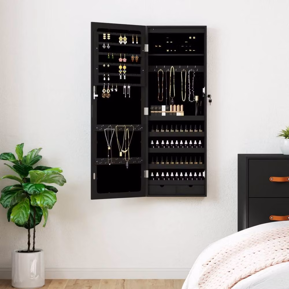 Berkfield Home Wall Mounted Mirror Jewellery Cabinet with LED Lights, Black – 2