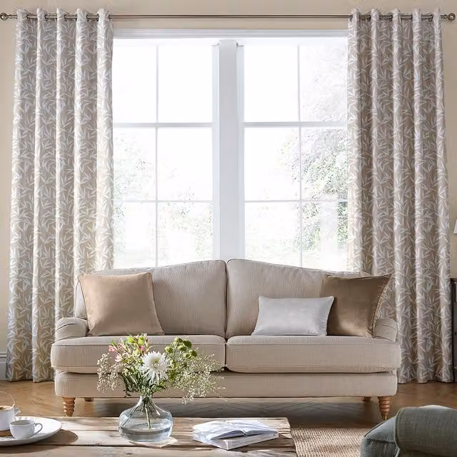 Laura Ashley Willow Leaf Chenille Made to Measure Blackout Eyelet Curtain in Beige