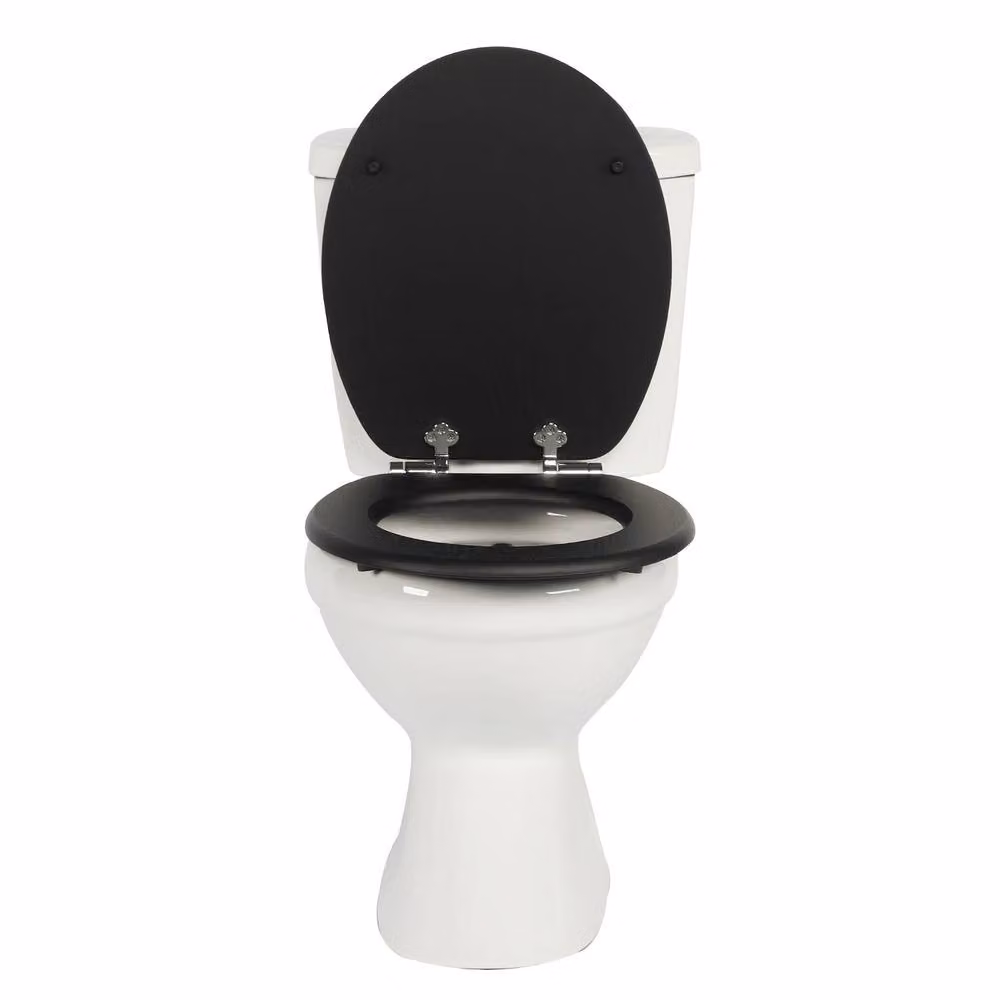 SINOBATH Universal Oval MDF Toilet Seat with Soft-Close and Antibacterial Finish, Black, W: 43.5 cm, D: 37.5 cm, H: 5 cm – 8