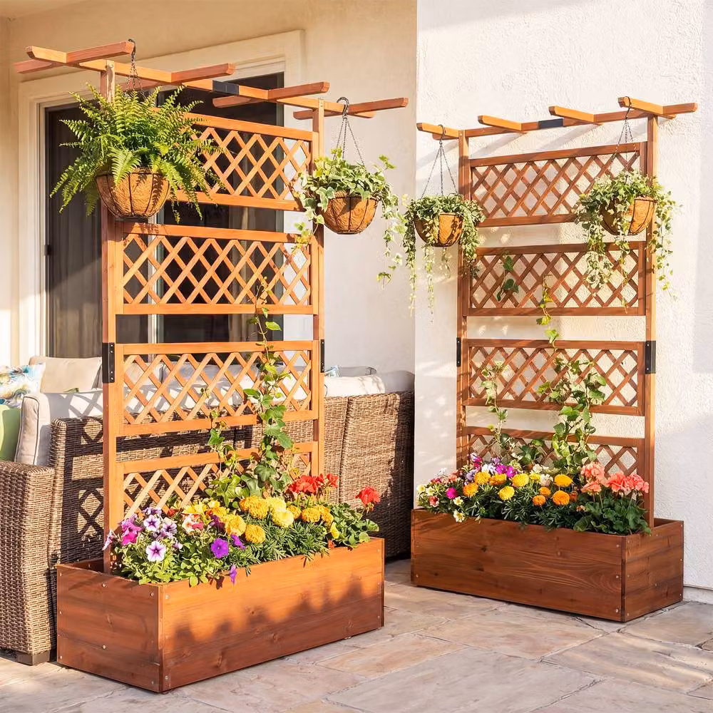 Costway Brown Wooden Raised Garden Bed Privacy Screen Planter Box – 10