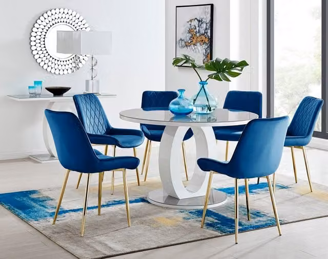 FurnitureboxUK Giovani Round Grey Glass Dining Table with 6 Navy Pesaro Gold Leg Chairs